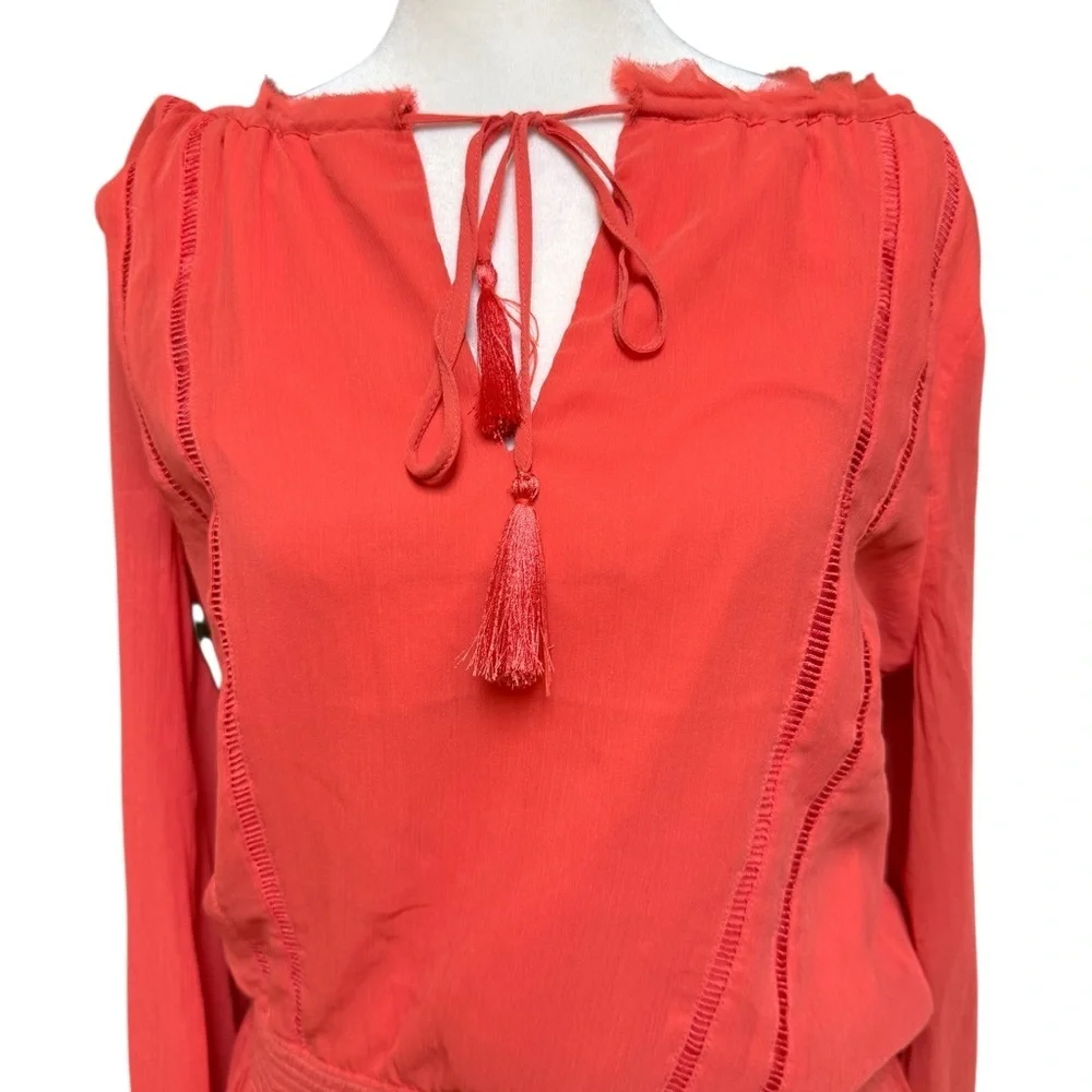 Banana Republic Coral Tassel Tie Dress Women’s Petite Medium Boho Long Sleeve - Picture 3 of 5